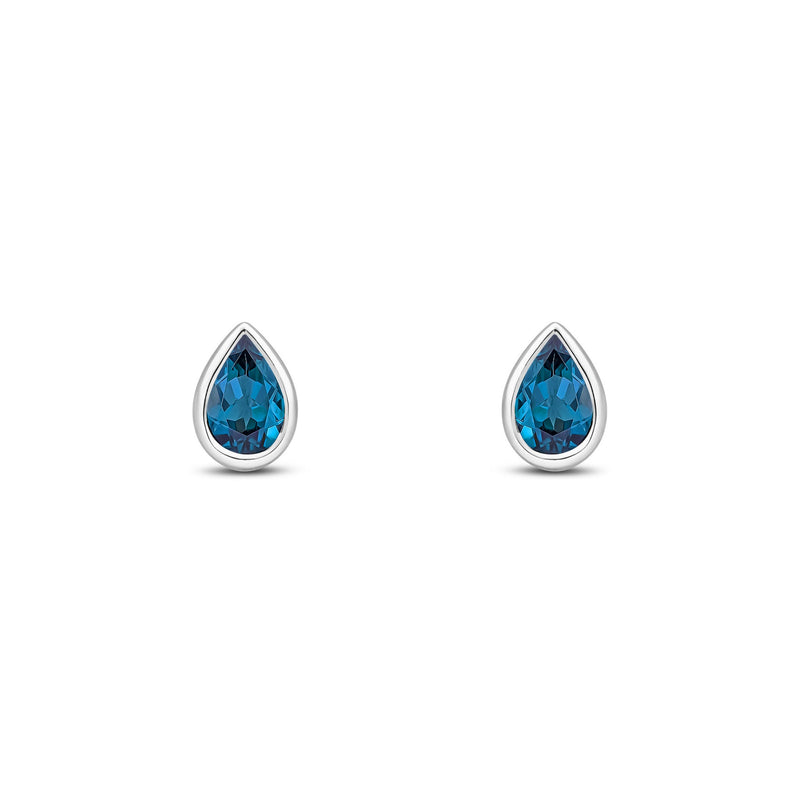 9ct White Gold Pear Shaped Natural London Blue Topaz Rubover Stud Earrings — 6x4mm