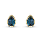 9ct Yellow Gold Pear Shaped Natural London Blue Topaz Rubover Stud Earrings — 9x6mm