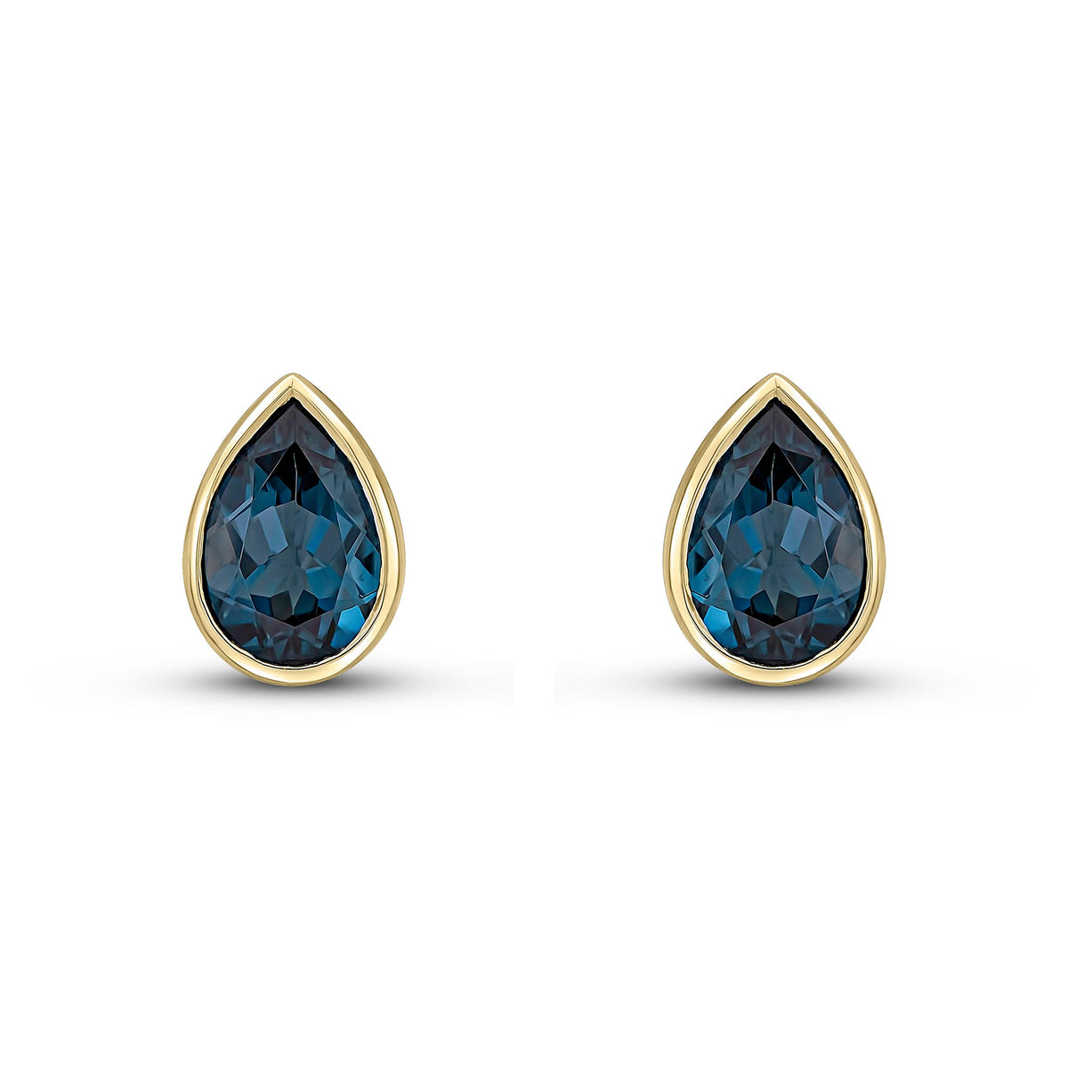 9ct Yellow Gold Pear Shaped Natural London Blue Topaz Rubover Stud Earrings — 9x6mm
