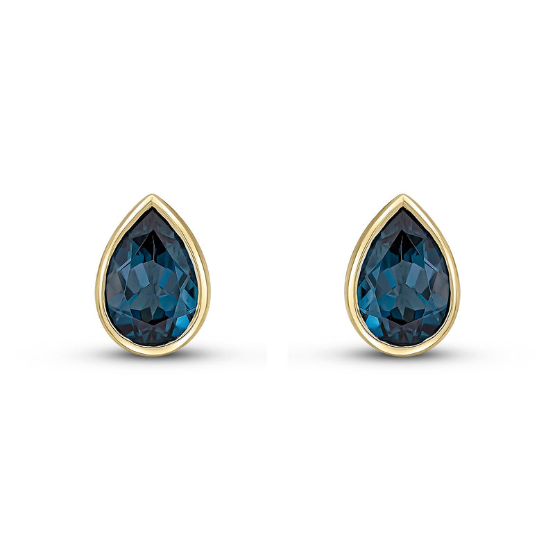 9ct Yellow Gold Pear Shaped Natural London Blue Topaz Rubover Stud Earrings — 9x6mm