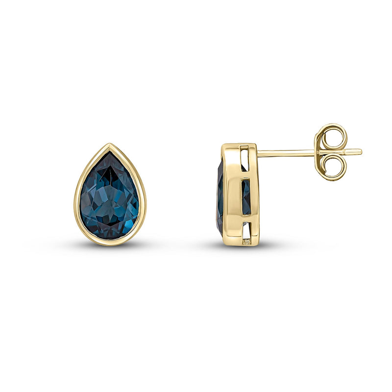 9ct Yellow Gold Pear Shaped Natural London Blue Topaz Rubover Stud Earrings — 9x6mm