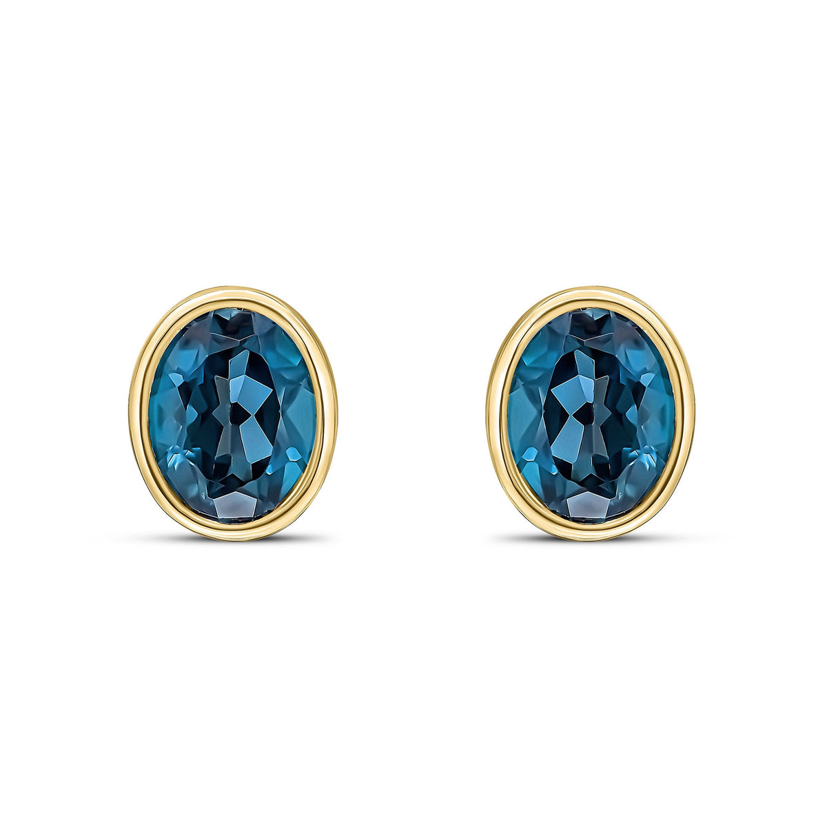 9ct Yellow Gold Oval Natural London Blue Topaz Rubover Stud Earrings — 9x7mm