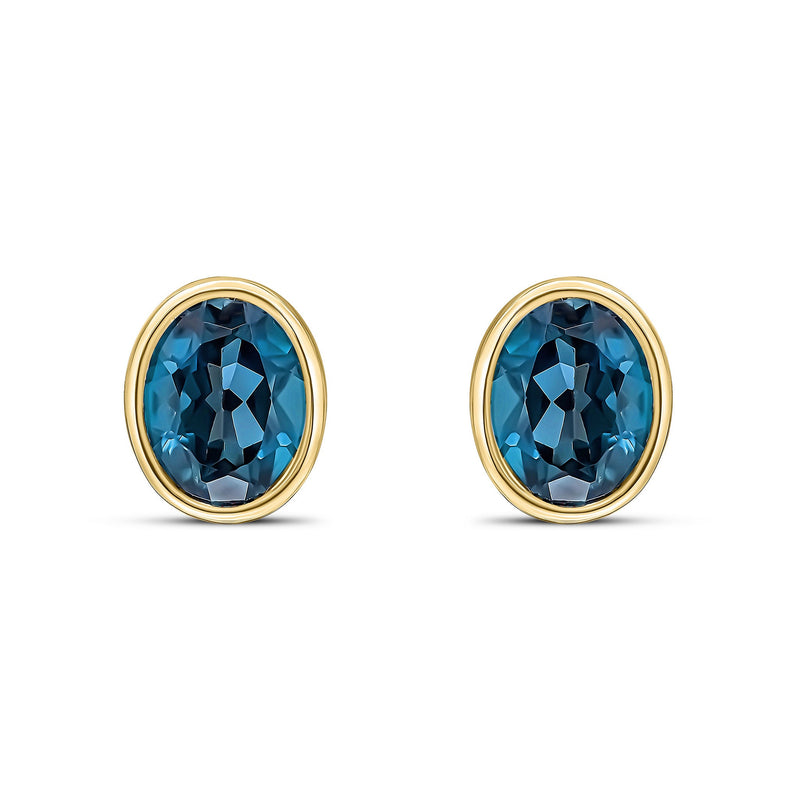 9ct Yellow Gold Oval Natural London Blue Topaz Rubover Stud Earrings — 9x7mm