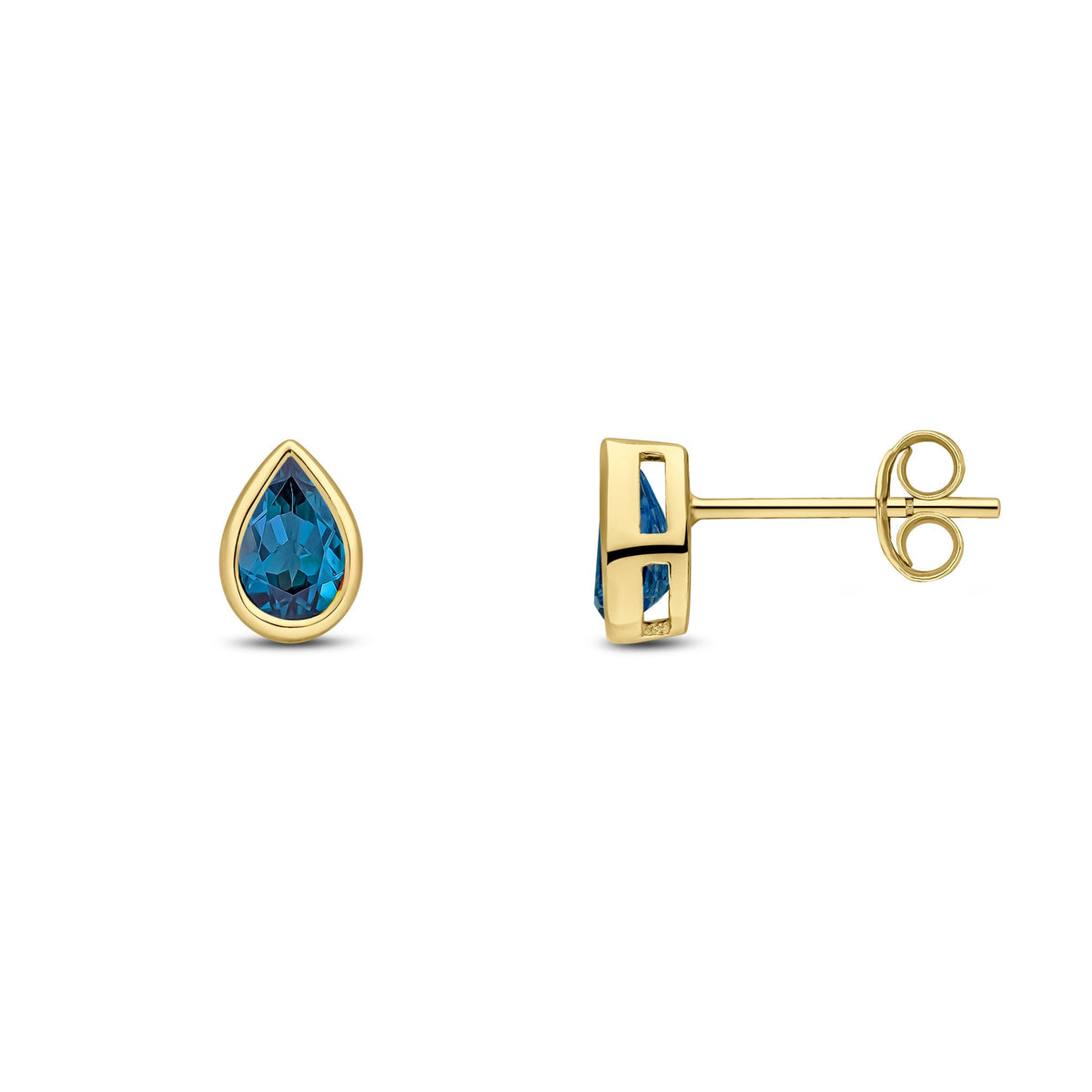 9ct Yellow Gold Pear Shaped Natural London Blue Topaz Rubover Stud Earrings — 6x4mm