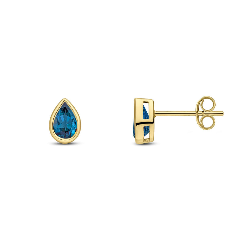 9ct Yellow Gold Pear Shaped Natural London Blue Topaz Rubover Stud Earrings — 6x4mm