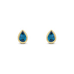 9ct Yellow Gold Pear Shaped Natural London Blue Topaz Rubover Stud Earrings — 6x4mm