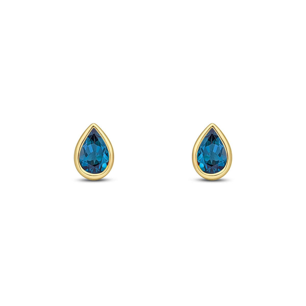 9ct Yellow Gold Pear Shaped Natural London Blue Topaz Rubover Stud Earrings — 6x4mm
