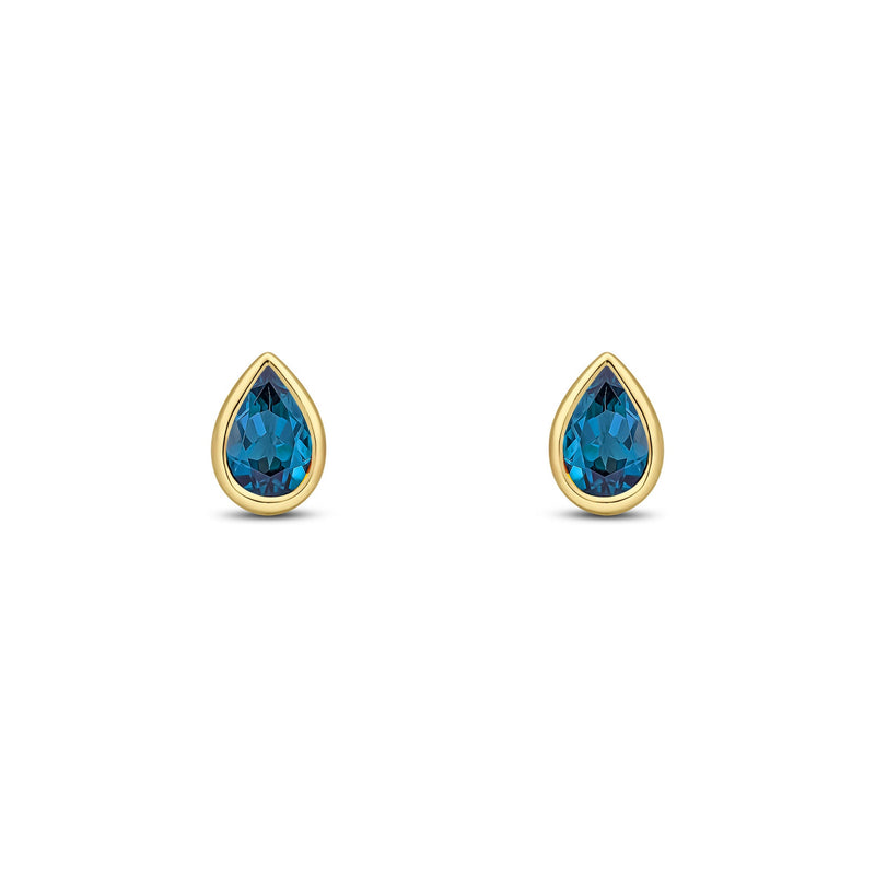 9ct Yellow Gold Pear Shaped Natural London Blue Topaz Rubover Stud Earrings — 6x4mm