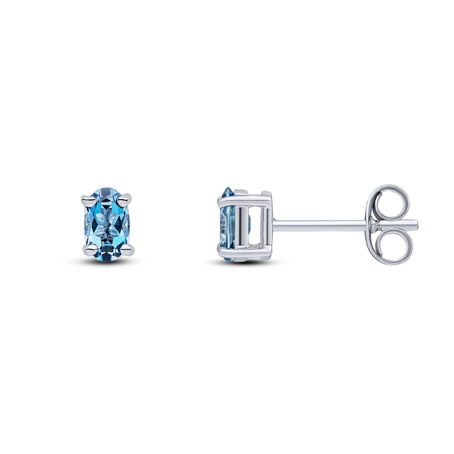 9ct White Gold Oval Natural London Blue Topaz Claw Stud Earrings — 5x3mm