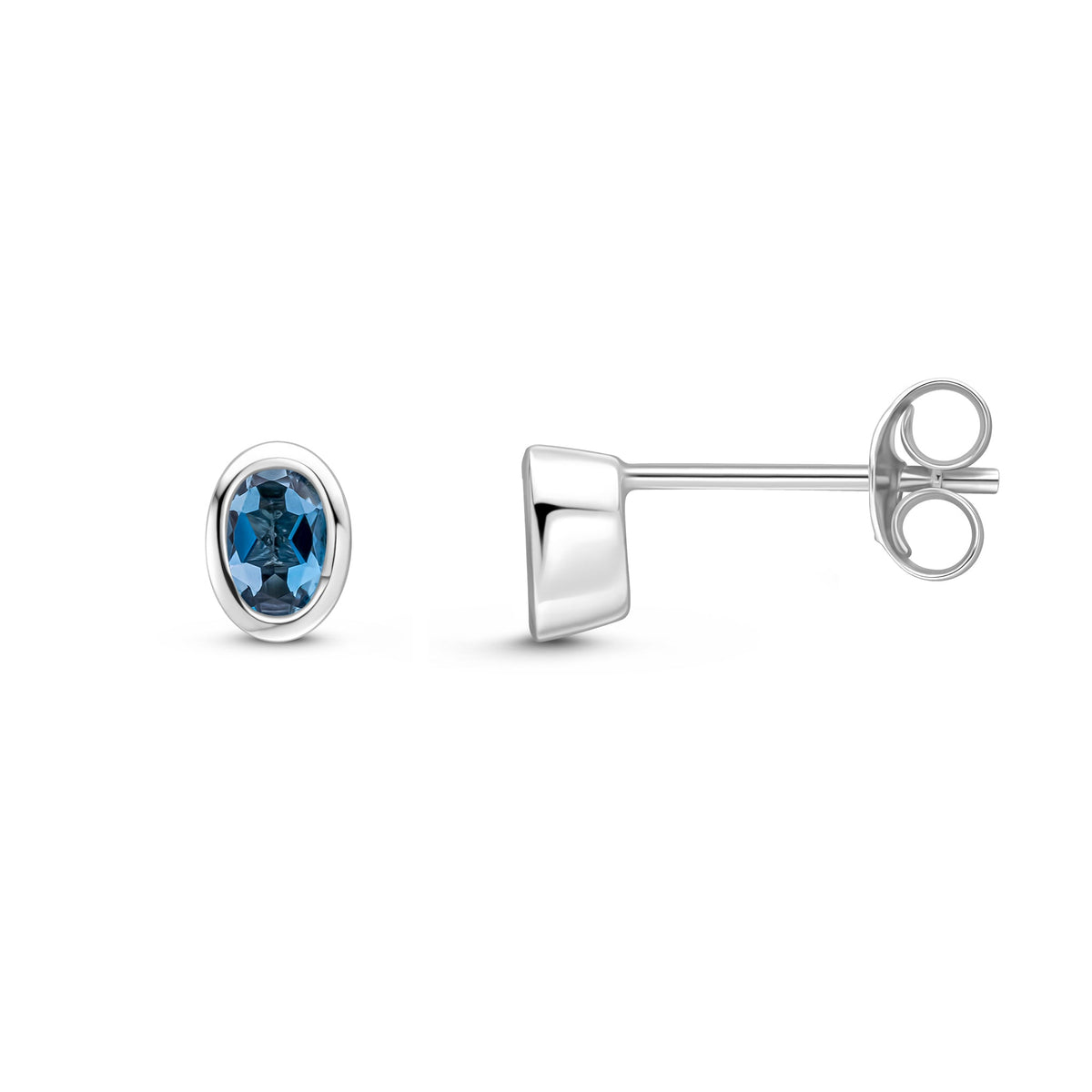9ct White Gold Oval Natural London Blue Topaz Rubover Stud Earrings — 4x3mm