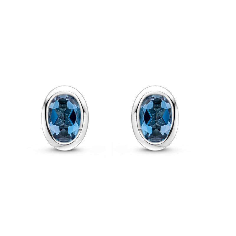 9ct White Gold Oval Natural London Blue Topaz Rubover Stud Earrings — 4x3mm