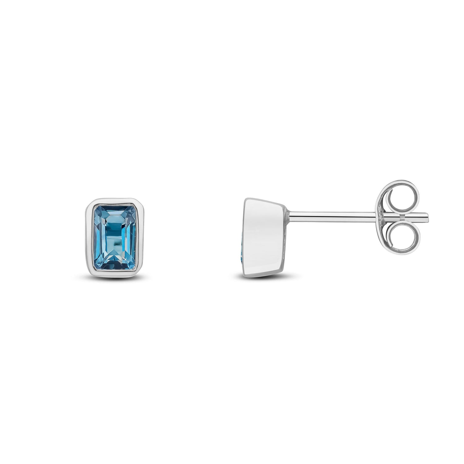 9ct White Gold Octagonal Emerald Cut Natural London Blue Topaz Rubover Stud Earrings — 5x3mm