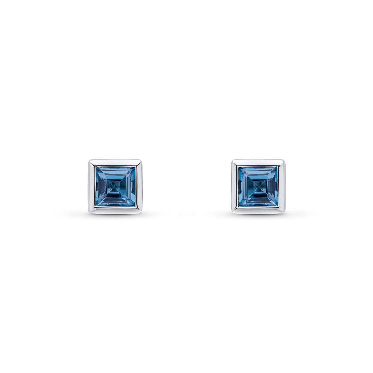9ct White Gold Square Natural London Blue Topaz Rubover Stud Earrings — 4mm