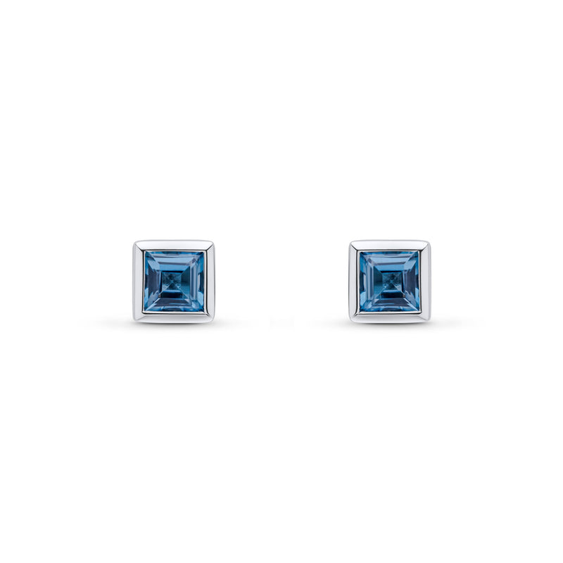 9ct White Gold Square Natural London Blue Topaz Rubover Stud Earrings — 4mm