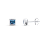 9ct White Gold Square Natural London Blue Topaz Rubover Stud Earrings — 4mm