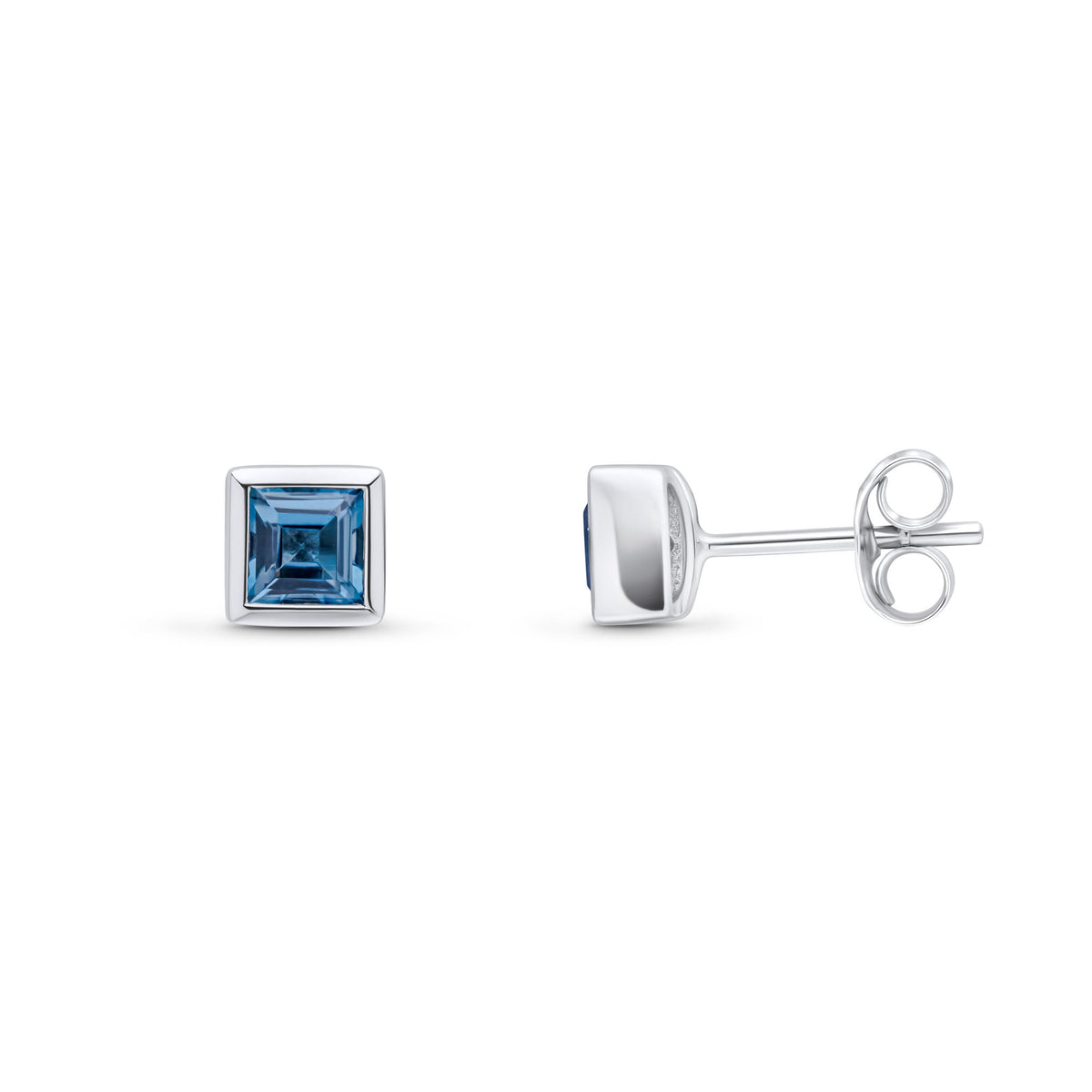 9ct White Gold Square Natural London Blue Topaz Rubover Stud Earrings — 4mm