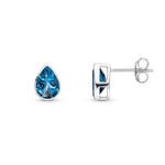 9ct White Gold Pear Shaped Natural London Blue Topaz Rubover Stud Earrings — 7x5mm