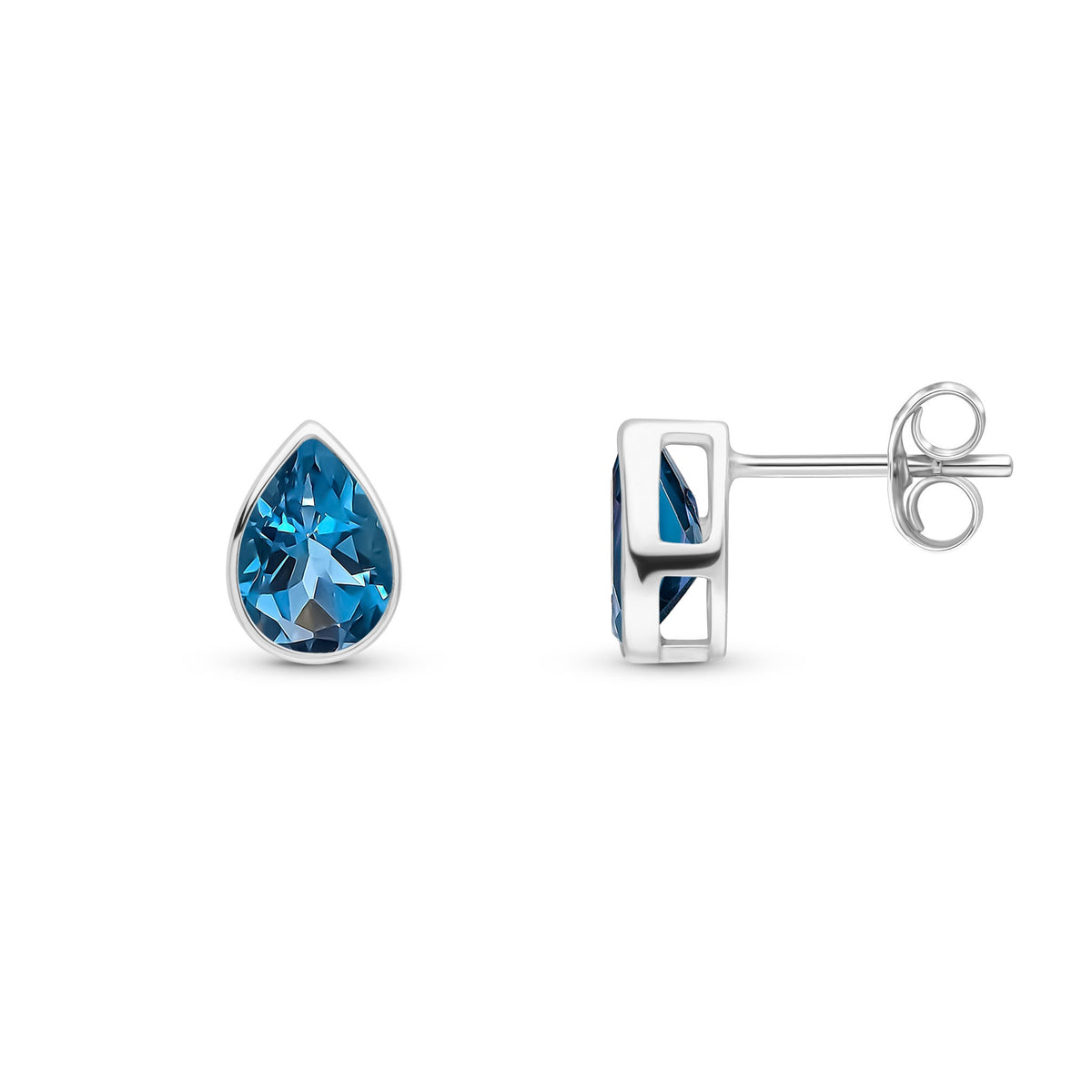 9ct White Gold Pear Shaped Natural London Blue Topaz Rubover Stud Earrings — 7x5mm