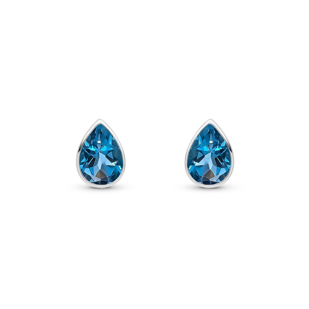 9ct White Gold Pear Shaped Natural London Blue Topaz Rubover Stud Earrings — 7x5mm