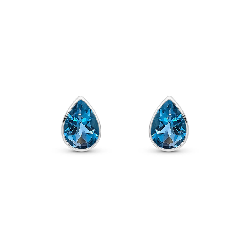 9ct White Gold Pear Shaped Natural London Blue Topaz Rubover Stud Earrings — 7x5mm