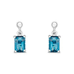 9ct White Gold Octagonal Emerald Cut Natural London Blue Topaz Claw Drop Earrings — 6x4mm