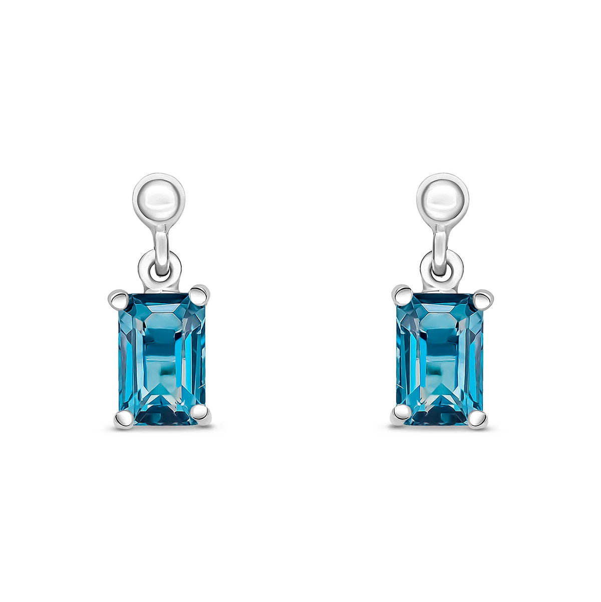 9ct White Gold Octagonal Emerald Cut Natural London Blue Topaz Claw Drop Earrings — 6x4mm