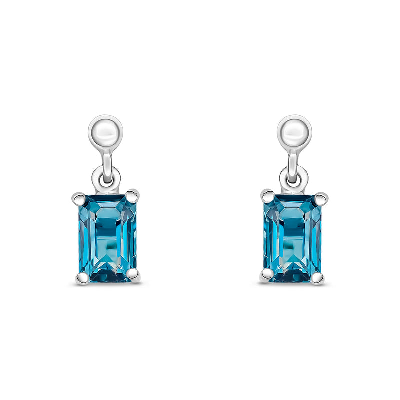 9ct White Gold Octagonal Emerald Cut Natural London Blue Topaz Claw Drop Earrings — 6x4mm