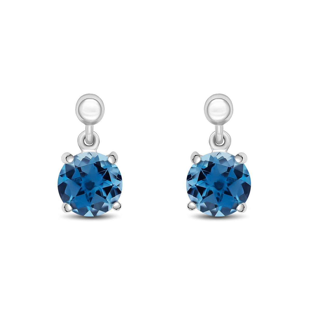 9ct White Gold Round Natural London Blue Topaz Claw Drop Earrings with Bead Top — 6mm