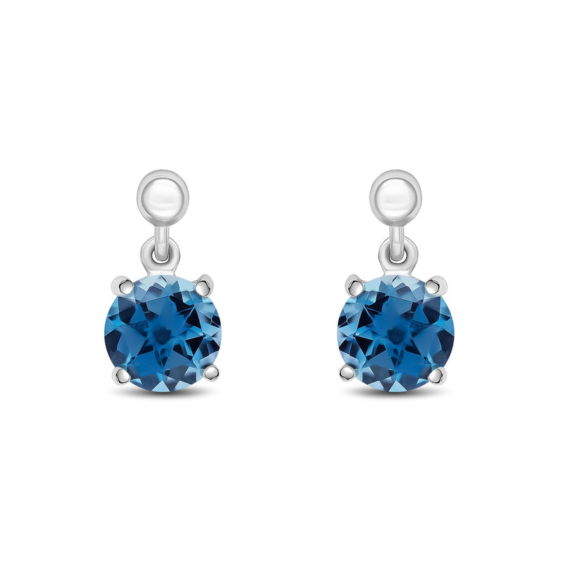 9ct White Gold Round Natural London Blue Topaz Claw Drop Earrings with Bead Top — 6mm