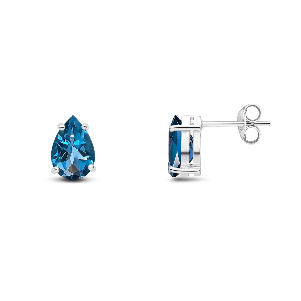9ct White Gold Pear Shaped Natural London Blue Topaz Claw Stud Earrings — 9x6mm