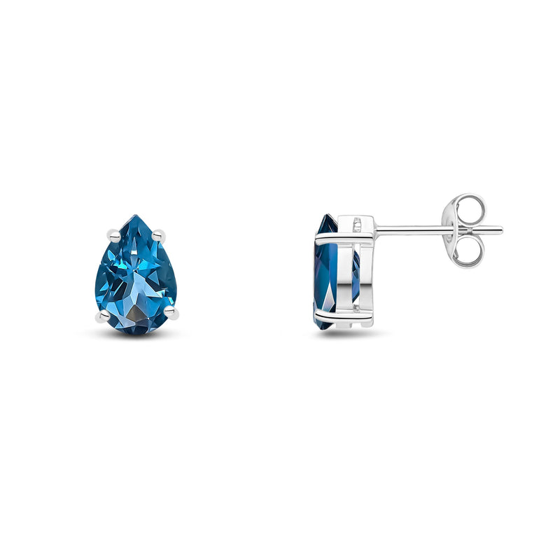 9ct White Gold Pear Shaped Natural London Blue Topaz Claw Stud Earrings — 9x6mm