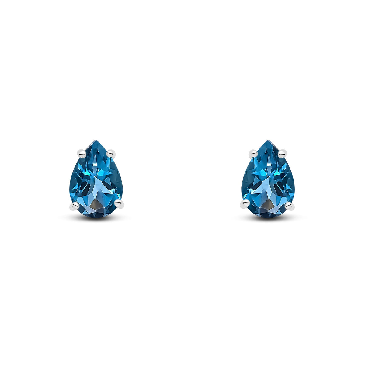 9ct White Gold Pear Shaped Natural London Blue Topaz Claw Stud Earrings — 9x6mm