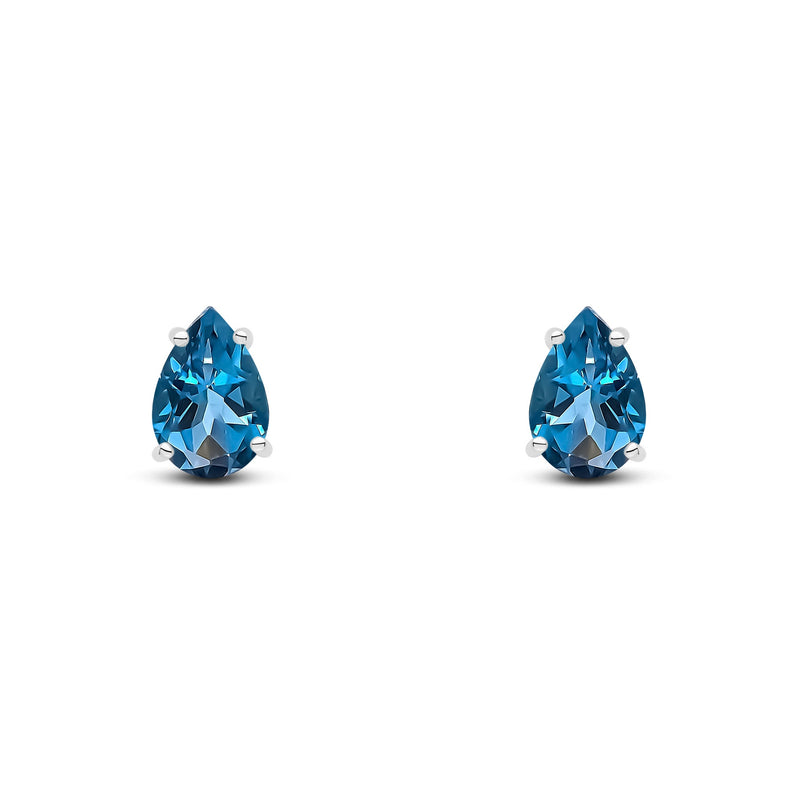 9ct White Gold Pear Shaped Natural London Blue Topaz Claw Stud Earrings — 9x6mm