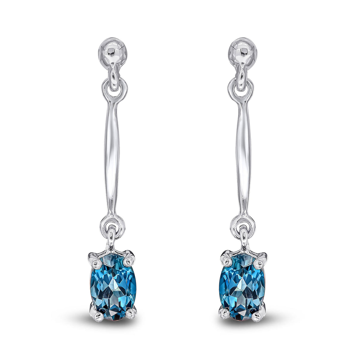9ct White Gold Oval Natural London Blue Topaz Claw Bar Drop Earrings — 6x4mm