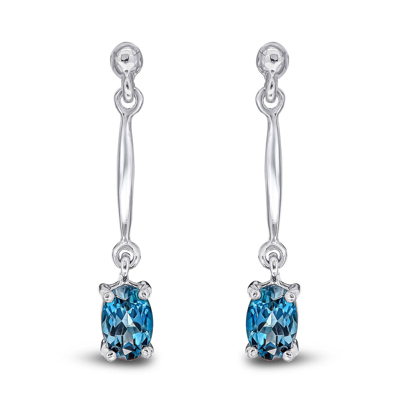 9ct White Gold Oval Natural London Blue Topaz Claw Bar Drop Earrings — 6x4mm