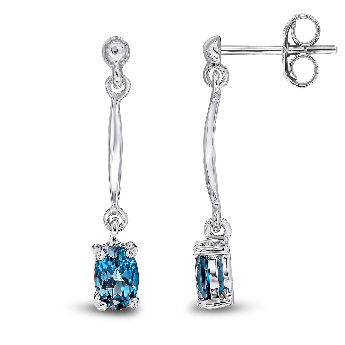 9ct White Gold Oval Natural London Blue Topaz Claw Bar Drop Earrings — 6x4mm