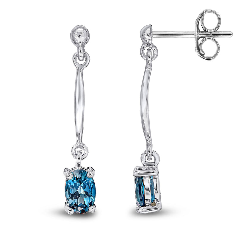 9ct White Gold Oval Natural London Blue Topaz Claw Bar Drop Earrings — 6x4mm