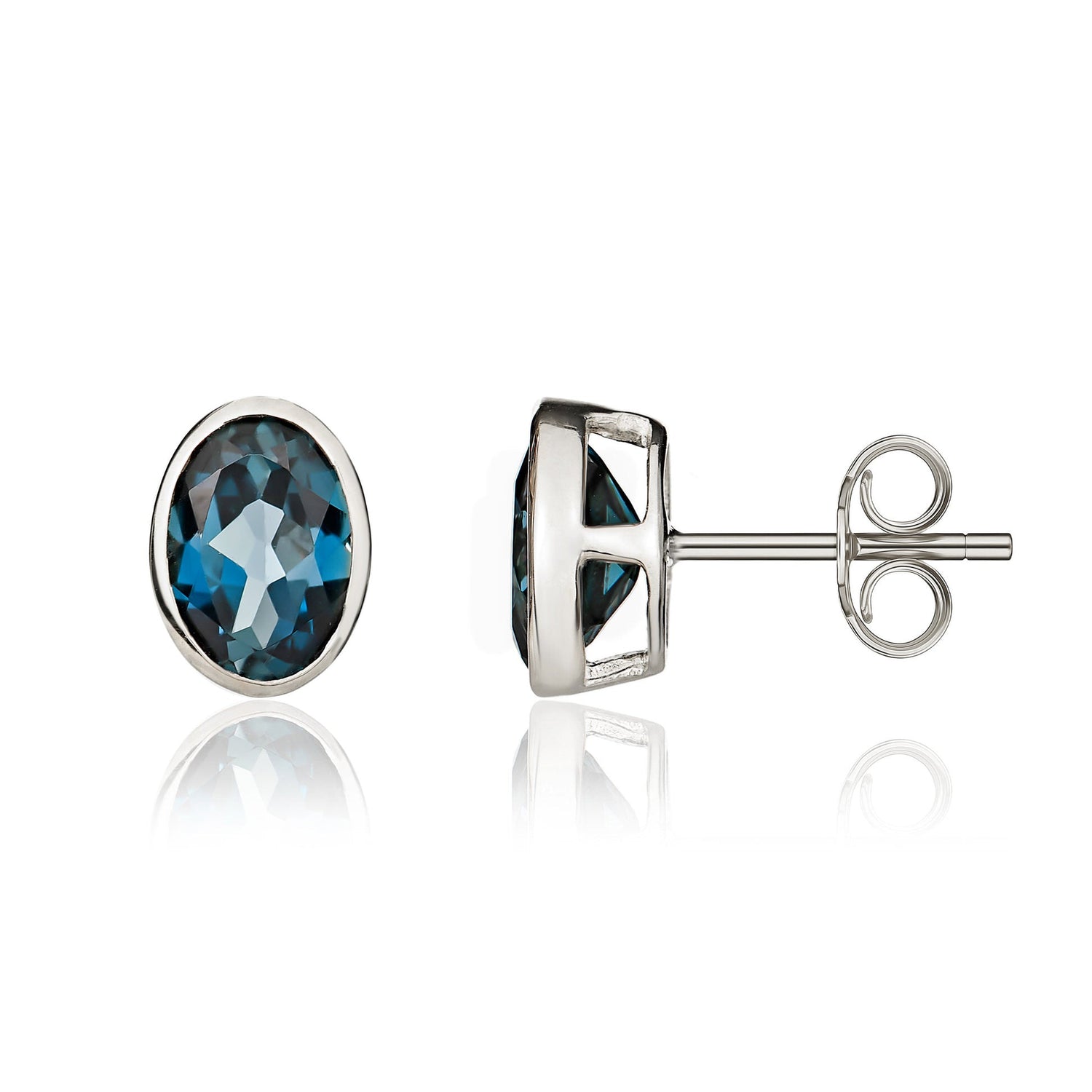 9ct White Gold Oval Natural London Blue Topaz Rubover Stud Earrings 7x5mm
