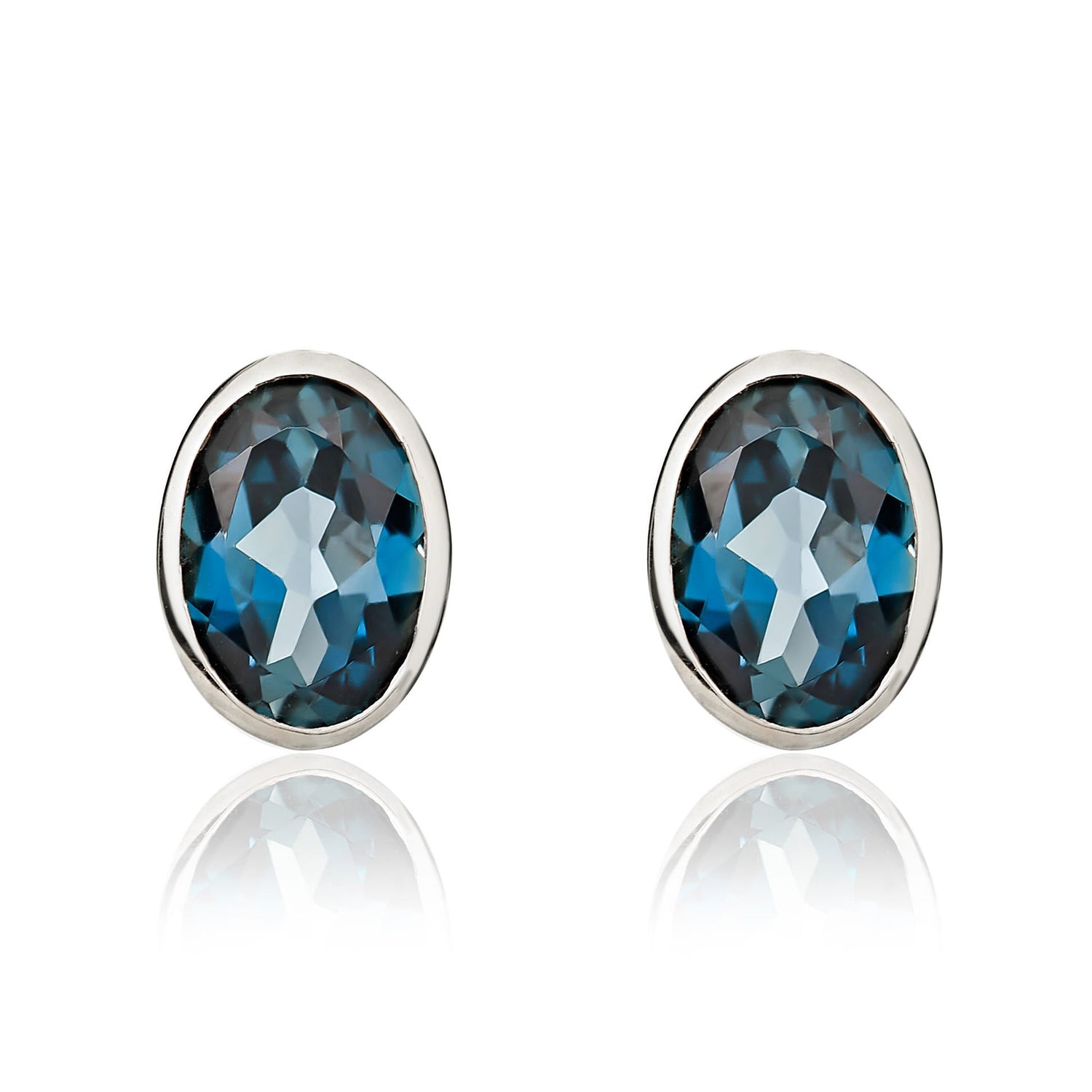 9ct White Gold Oval Natural London Blue Topaz Rubover Stud Earrings 7x5mm