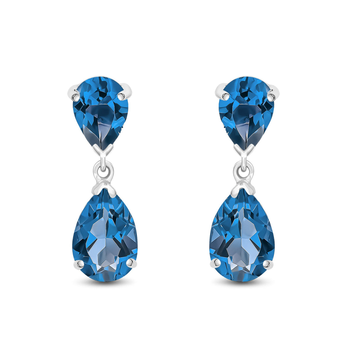 9ct White Gold Pear Shaped Natural London Blue Topaz Two Stone Claw Drop Earrings — 9x6mm