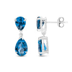 9ct White Gold Pear Shaped Natural London Blue Topaz Two Stone Claw Drop Earrings — 9x6mm