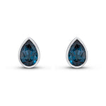 9ct White Gold Pear Shaped Natural London Blue Topaz Rubover Stud Earrings — 9x6mm
