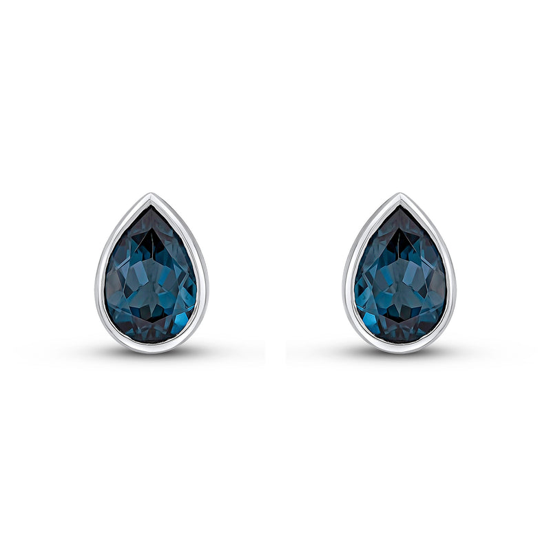 9ct White Gold Pear Shaped Natural London Blue Topaz Rubover Stud Earrings — 9x6mm