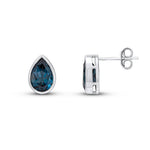 9ct White Gold Pear Shaped Natural London Blue Topaz Rubover Stud Earrings — 9x6mm