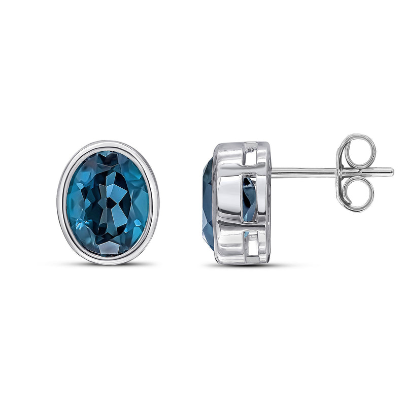 9ct White Gold Oval Natural London Blue Topaz Rubover Stud Earrings — 9x7mm