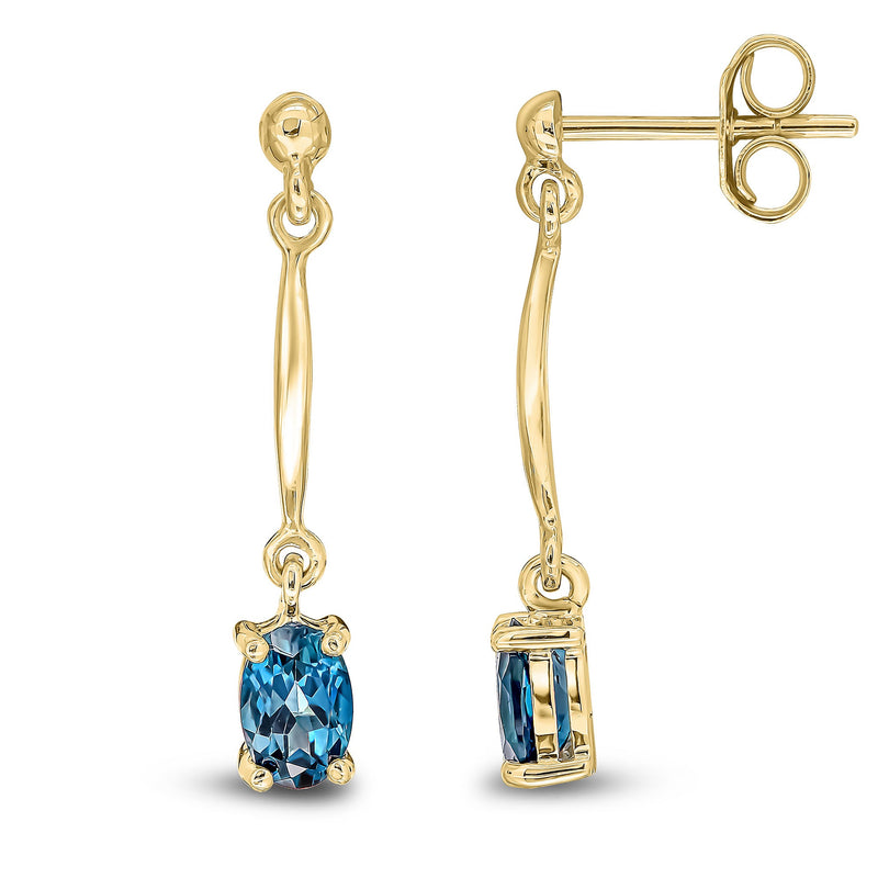 9ct Yellow Gold Oval Natural London Blue Topaz Claw Bar Drop Earrings — 6x4mm