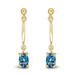 9ct Yellow Gold Oval Natural London Blue Topaz Claw Bar Drop Earrings — 6x4mm