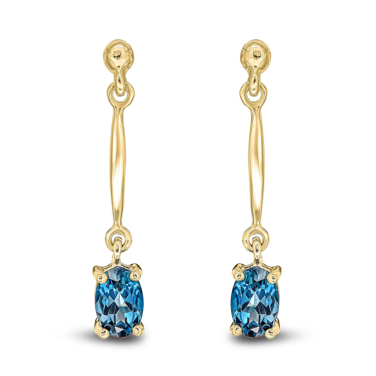 9ct Yellow Gold Oval Natural London Blue Topaz Claw Bar Drop Earrings — 6x4mm