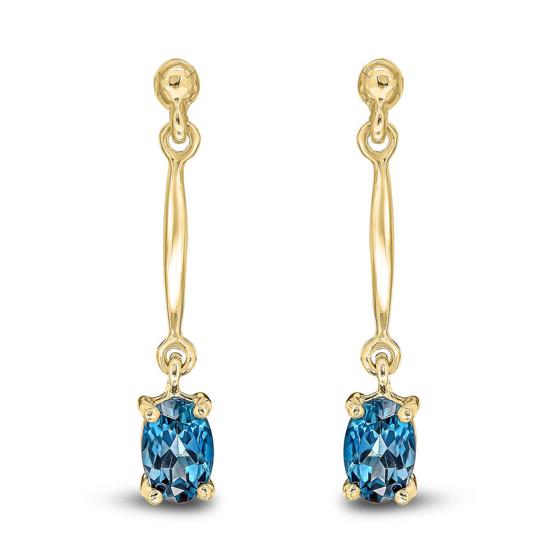 9ct Yellow Gold Oval Natural London Blue Topaz Claw Bar Drop Earrings — 6x4mm