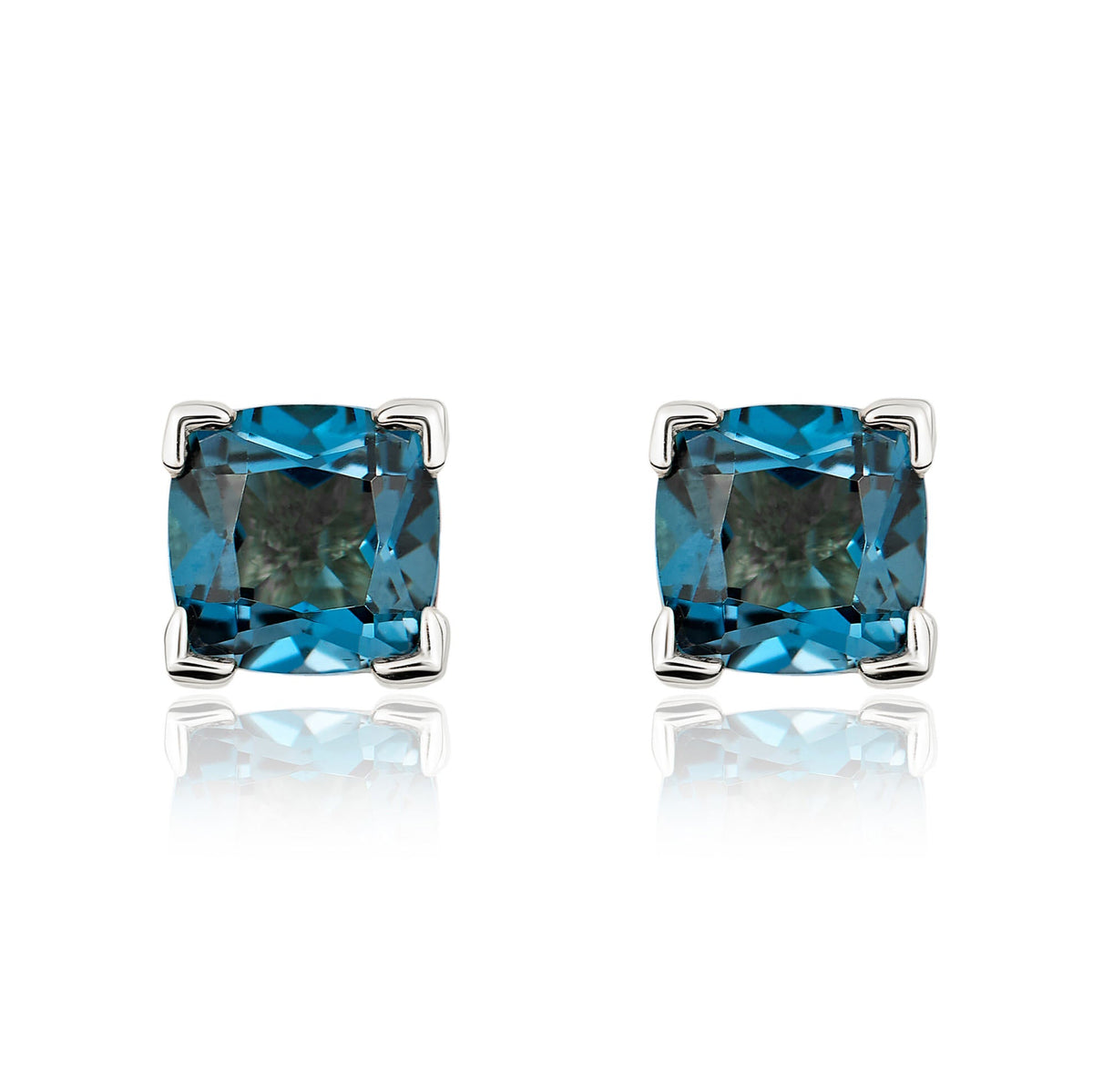 9ct White Gold Cushion Natural London Blue Topaz Claw Stud Earrings — 6mm